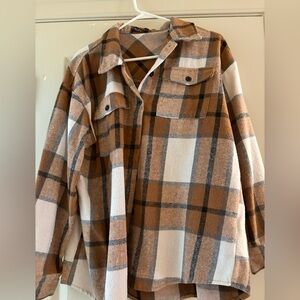 Plaid Button-Up Shirt - Brown and Cream
